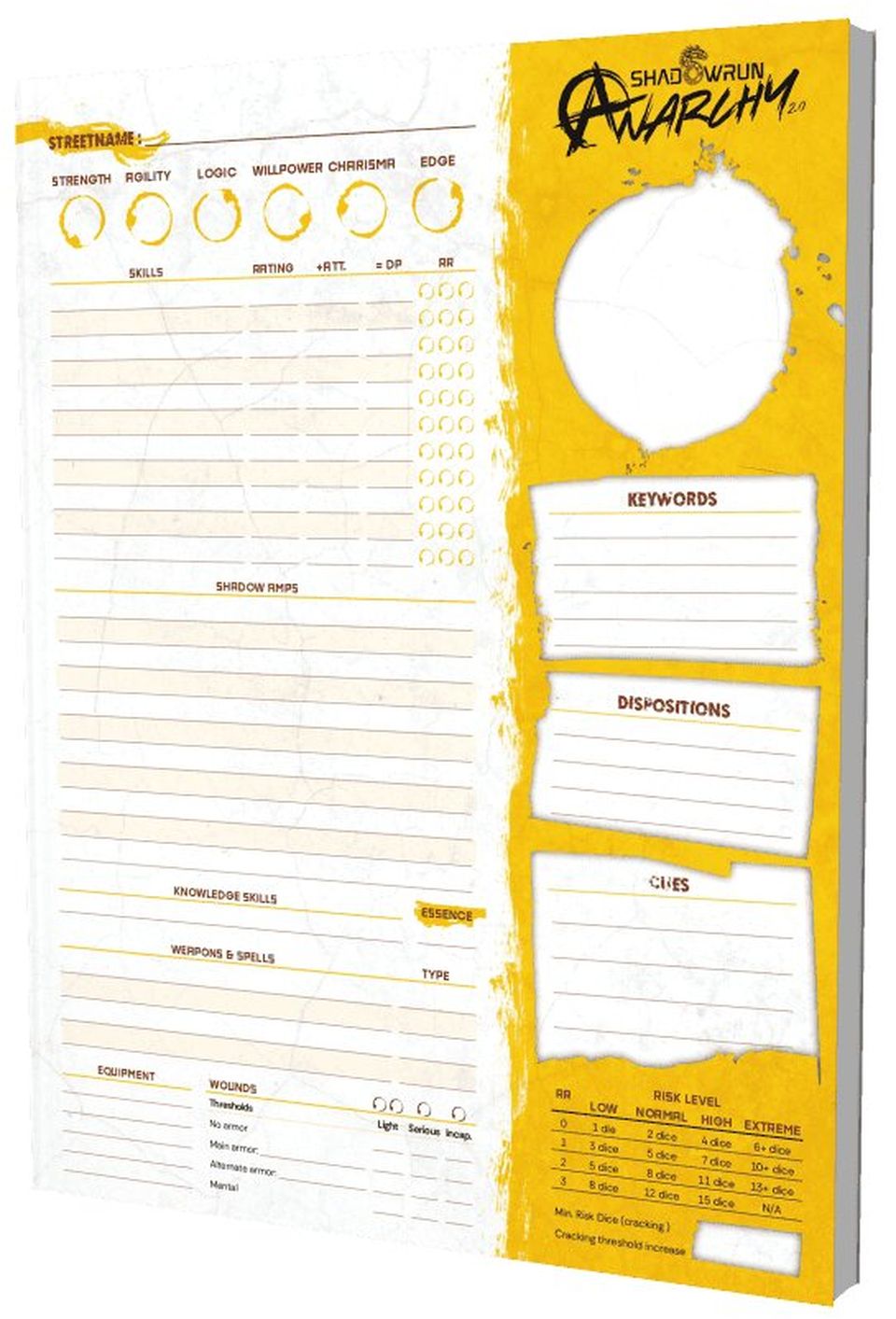 bloc de fiches de personnage pour le jeu de rôle Shadowrun Anarchy 2e édition